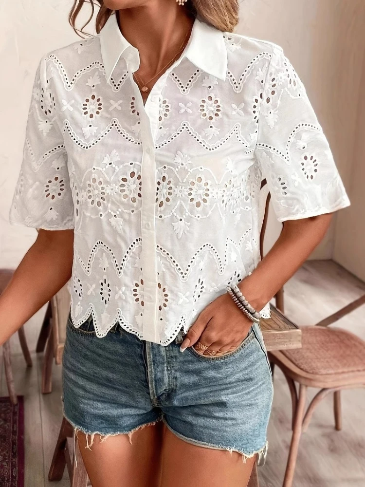 Women Hollowed Out Embroidered Shirt Scallop Edge Turn-Down Collar Short Sleeve Female Slim Fit Shirt Top for Spring Summer