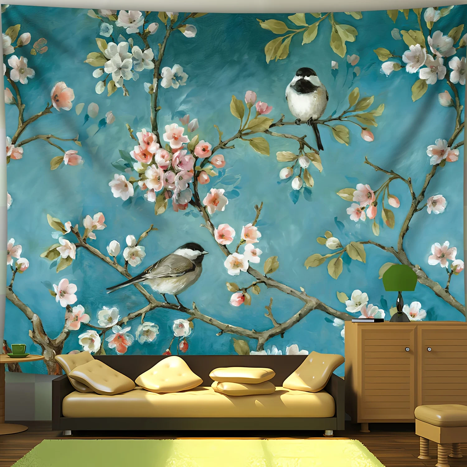 Blossom & Bird Tapestry - Polyester Wall Hanging for Living Room, Bedroom, Office Decor - Easy Install, No Power Needed