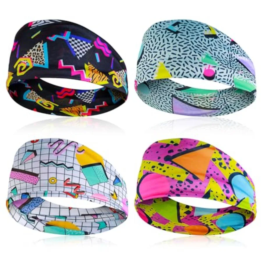 

4Pcs Retro Print Head Wraps Head Scarfs 80s Neon Bandana Headband Yoga Sport Hairbands Party Hair Accessories for Women Men