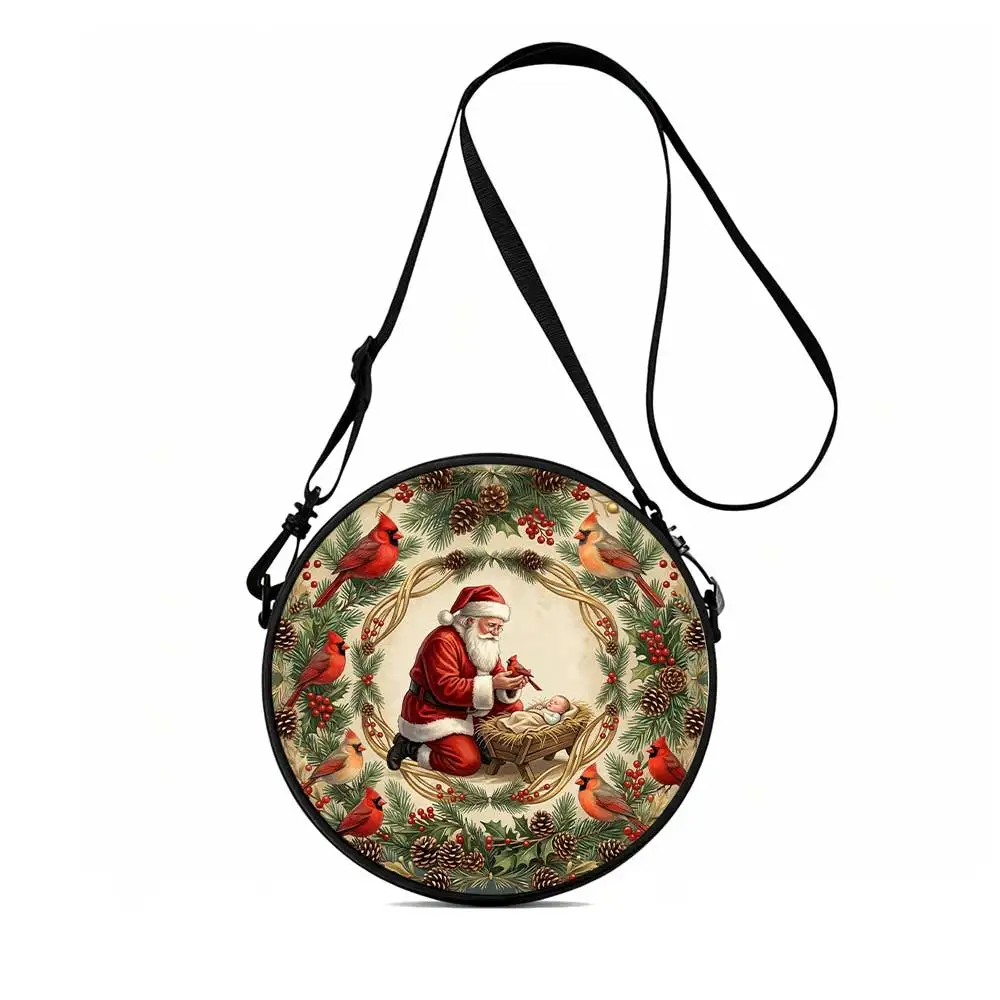 Christmas wreath with Santa and birds Print Round Women Shoulder Bag, versatile commuter, adjustable belt, great present