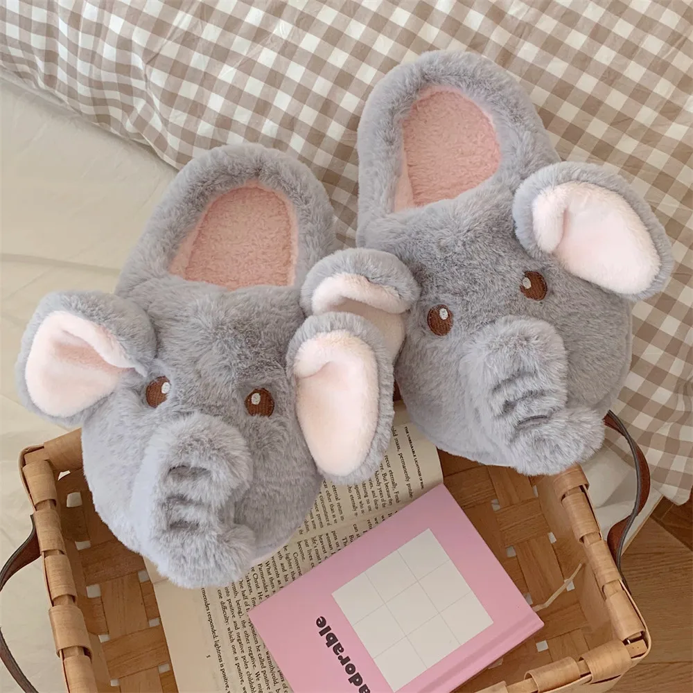 

Winter plush warm indoor plush slippers cute cotton shoes new cute elephant slippers fluffy hairy women's home slippers men