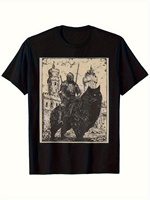 Men Vintage Medieval Knight Black Cat Graphic T-Shirt - Retro 90s GothicCastle Design Soft Breathable Tee for Cosplay