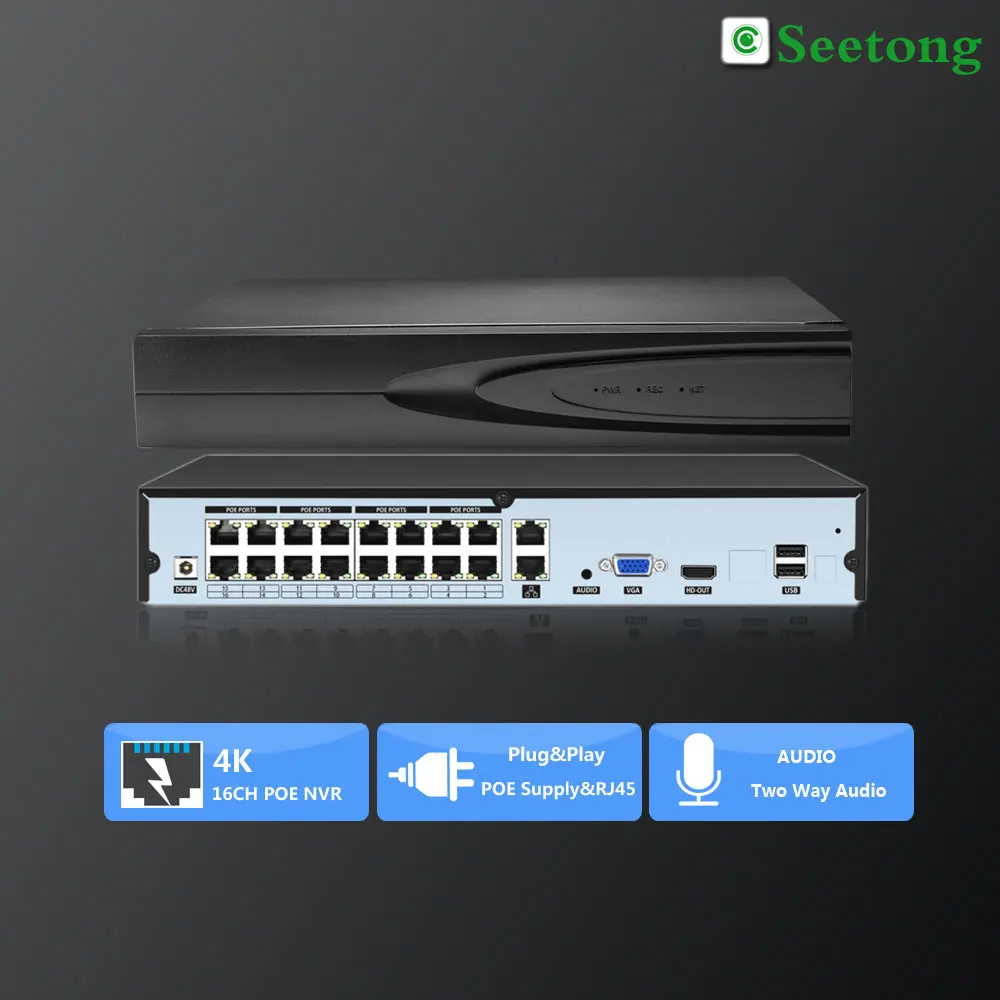 4K 8MP H.265 16-канальный POE NVR Plug And Play AI Smart Recording Security Сетевой видеорегистратор 2 интерфейса SATA До 14 ТБ