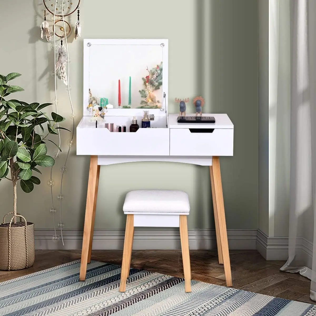 Vanity Table with Flip Top Mirror and Stool, Wooden Makeup Table Writing Desk with Drawer, Storage Compartment, Bedroom