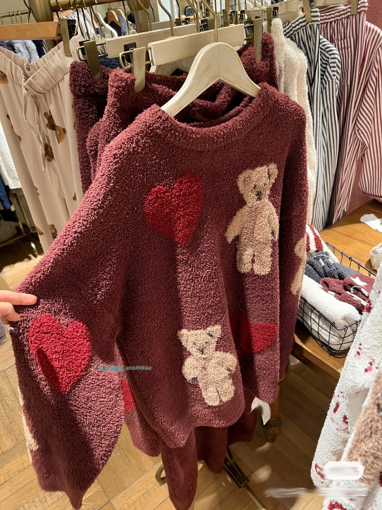 Japan Style Original New Year Bear With Heart Winter And Spring Thick Pajamas Knitted Sweaters Gown Wine  Sleepwear  Loungewear