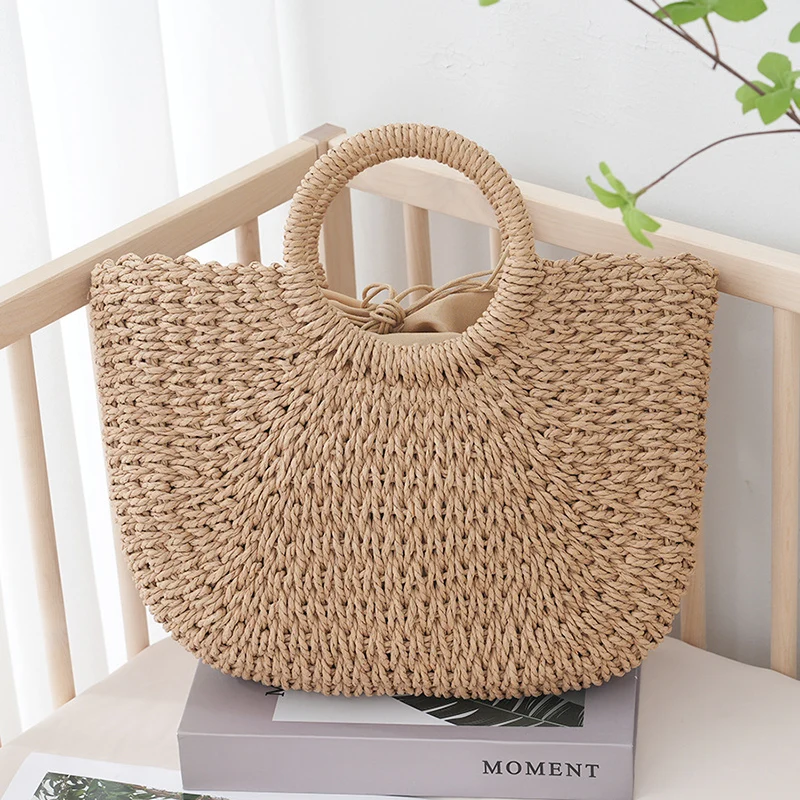 Summer Half-moon Straw Bag For Women Handmade Portable Handbag Large Capacity Beach Bag Basket Woven Top-handle Bag Purse Totes