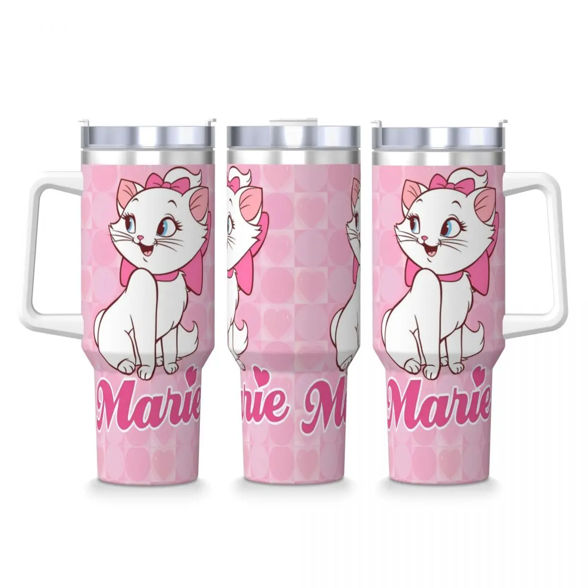 Stainless Steel Tumbler Cartoon Pink Marie Cat Car Mugs With Straws Kawaii Cold and Hot Water Bottle Keep Heat 40oz Thermal Mug