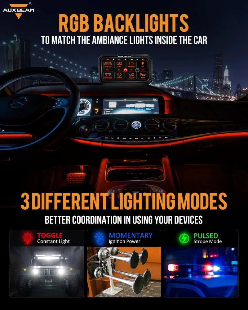 AUXBEAM RA80 XL 8Gangs Switch Panel RGB Universal LED Electronic DIY On-Off Power Relay System TOGGLE/ MOMENTARY/ PULSED MODE