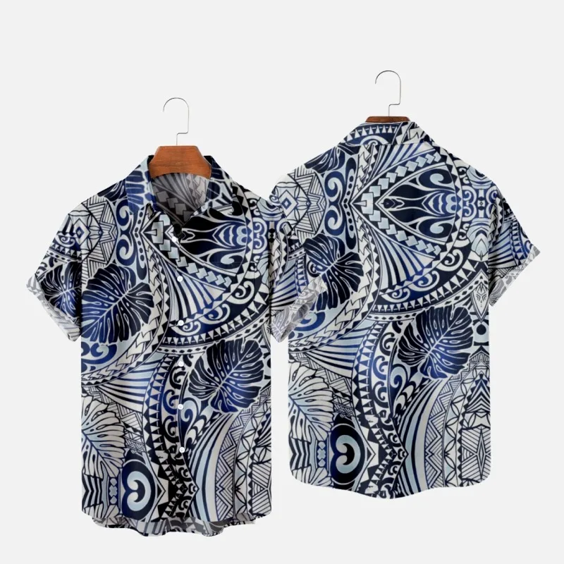 Men's Fashion Y2K T-Shirts Hawaiian Shirt Samoan Texture 3D Print Cozy Casual One Button Short Sleeve Beach Oversized Clothes 5