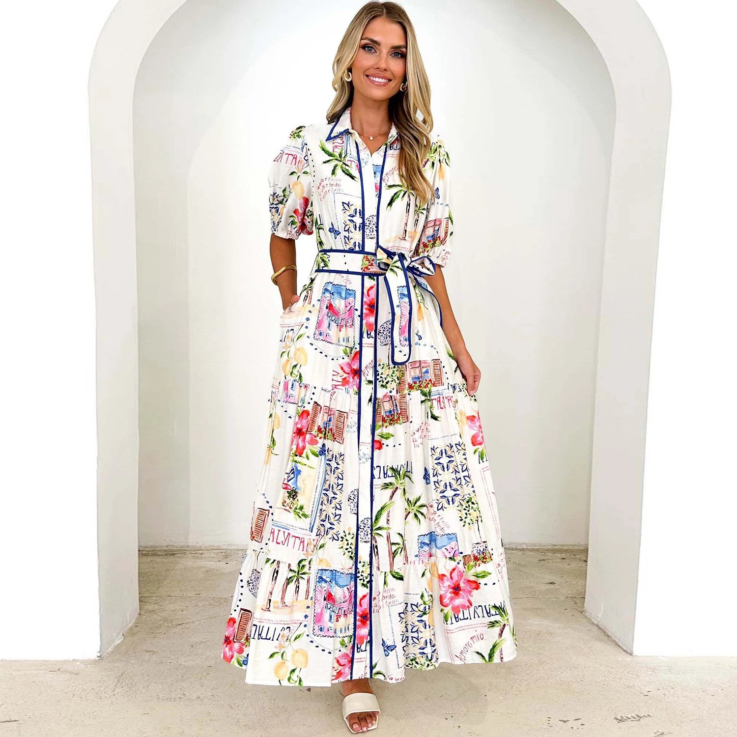 

Women Vintage Elegant Turndown Collar White Floral Print Single Breasted Belt A Line Long dress