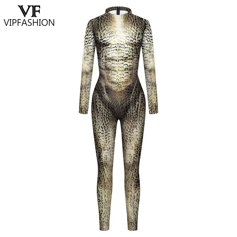 

VIP FASHION Halloween Snake Scale Print Costume Cosplay Halloween Jumpsuit Elastic Spandex Bodysuit Animal Party Zentai Catsuit