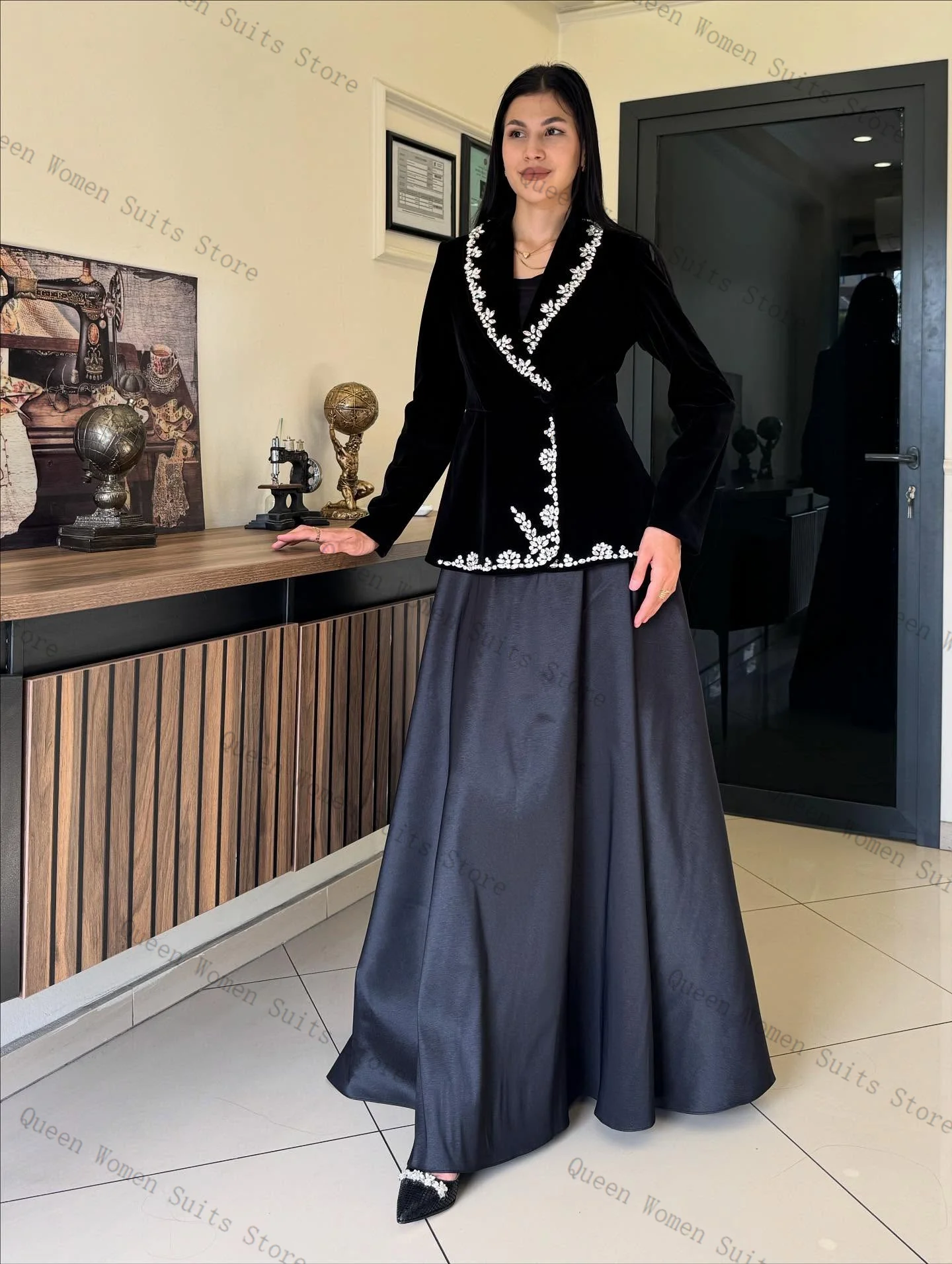 Fluwelen vrouwen pak rok set 2-delige kristallen blazer + prom jurk formeel kantoor dame jas herfst bruiloft gast jas aangepast