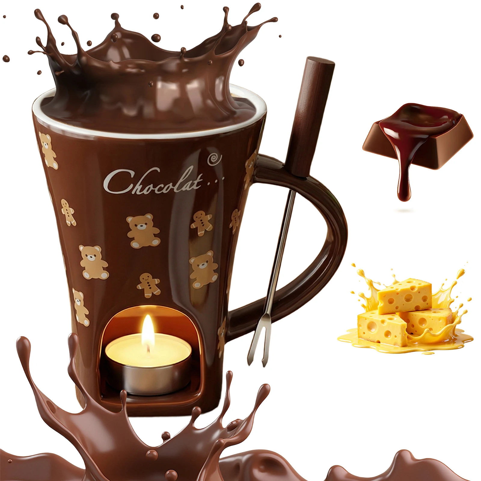 150ML/200ML Chocolate Melting Fondue Mug Butter Chocolate Melting Ceramic Mug with Fork Mini Fondue Cup Set for Cheese & Caramel
