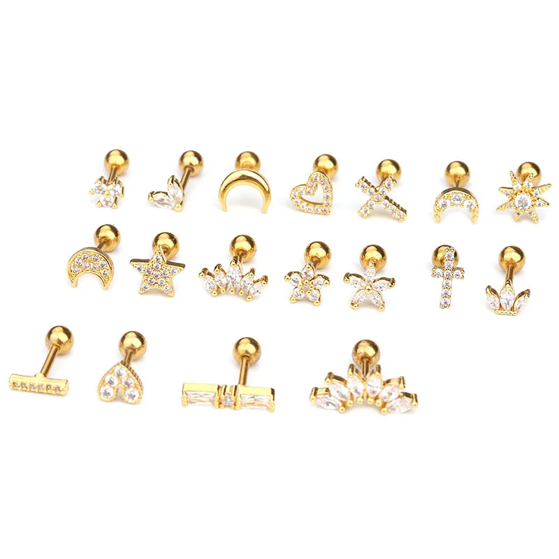 Mini pendientes coreanos de acero inoxidable para mujer, aretes de circonita para cartílago, Luna, Cruz, flores, hélice, Tragus, Piercing, joyería, 2 piezas