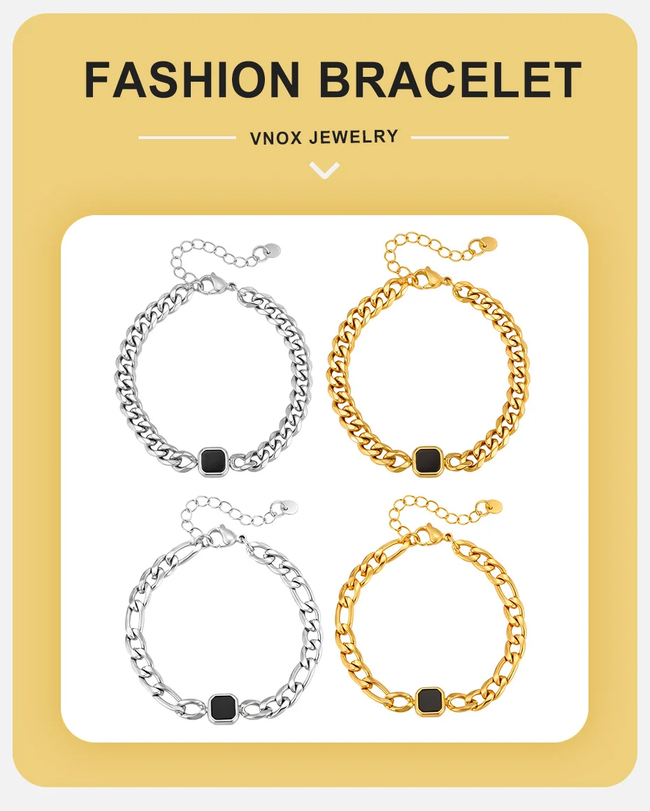 Vnox Herren-Armband mit quadratischem Anhänger, kubanische/Figaro-Kette, Edelstahl, gold- und silberfarben, verstellbar, Punk-Schmuck, Geschenke für Ihn – Detail 1
