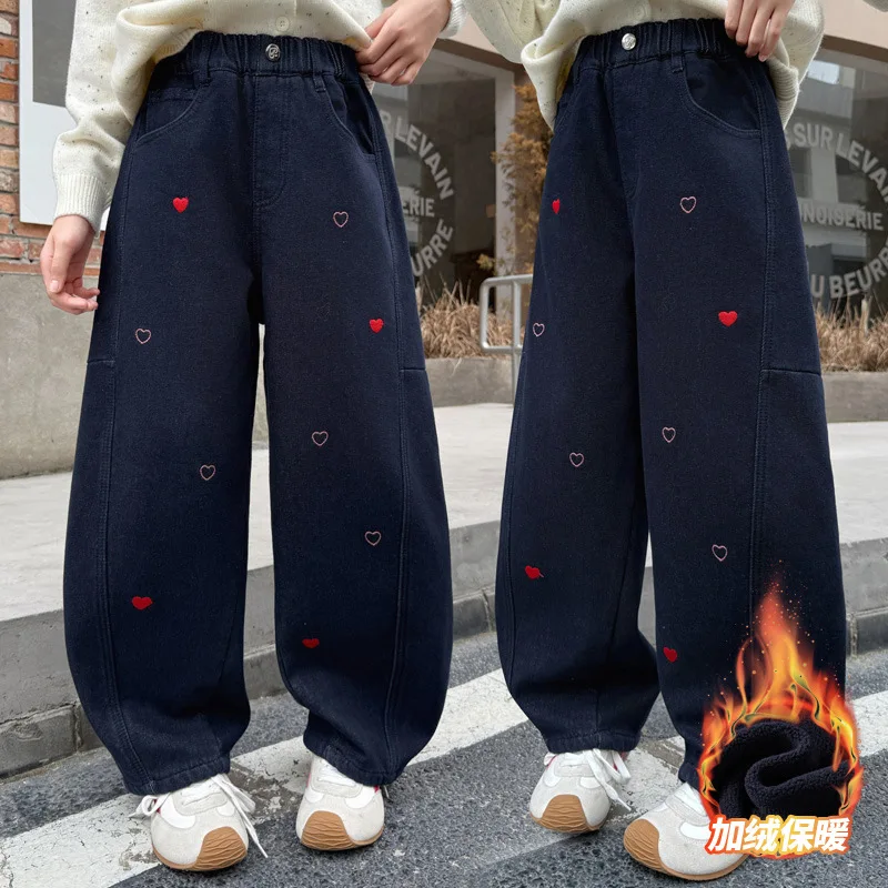 

Kids Winter Warm Baggy Heart Jeans with Fleece Lined for Tween Girls Insulated Retro Blue Denim Curved Pants Children Trousers