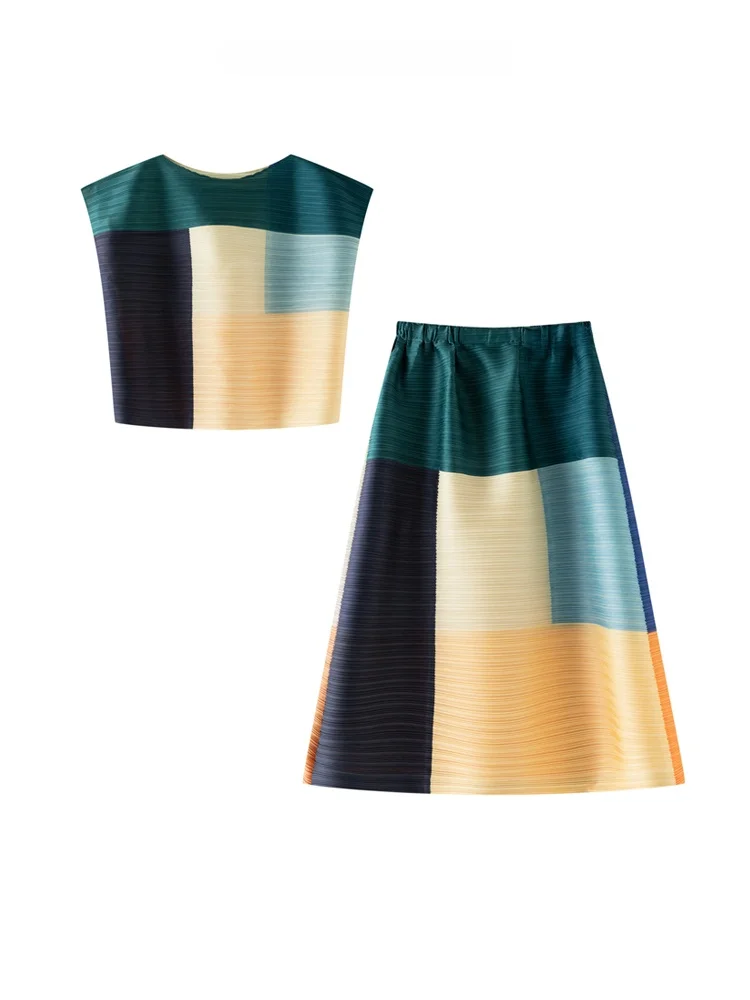 

Summer Slimming Two-Piece Set Women's Floral Print Pleated Top And Half-Length Skirt Ensemble Casual Wear Polyester Fiber