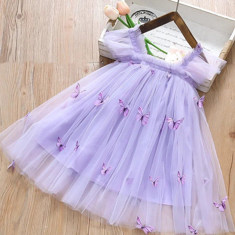 Summer Sleeveless Girl Dress Butterfly Tulle Children Dresses Lovely Mesh Babies One Piece