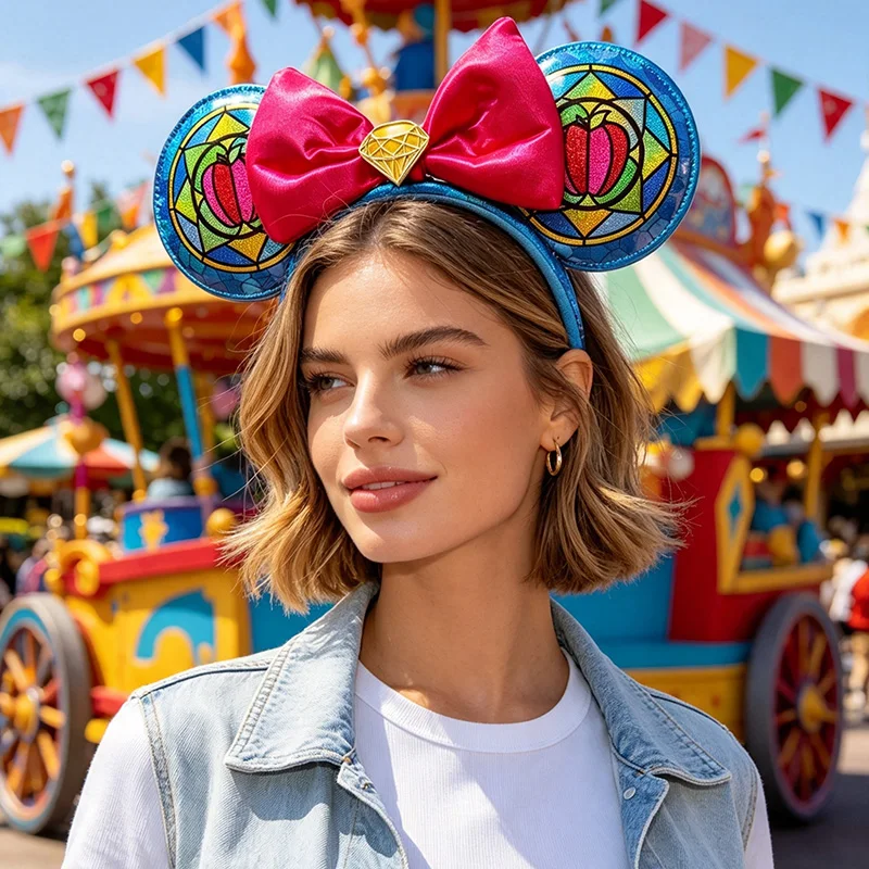 Snow White Stained Glass Minnie Ear Headband Blue Glitter Mickey Mouse Ears Headband With Red Bow Disney Cosplay Hair Accessory view 2