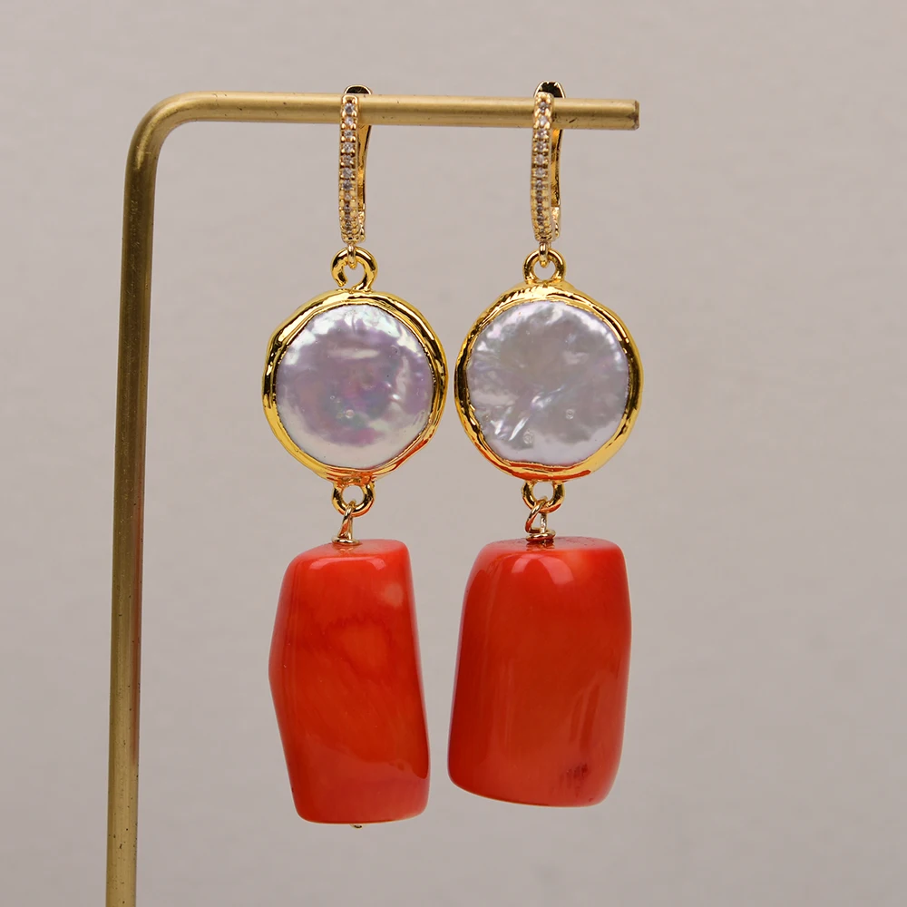 G-G Culture Natural White Coin Keshi Pearl Orange Coral Cylinder CZ Hook Earring Lady Holiday Jewelry Gifts