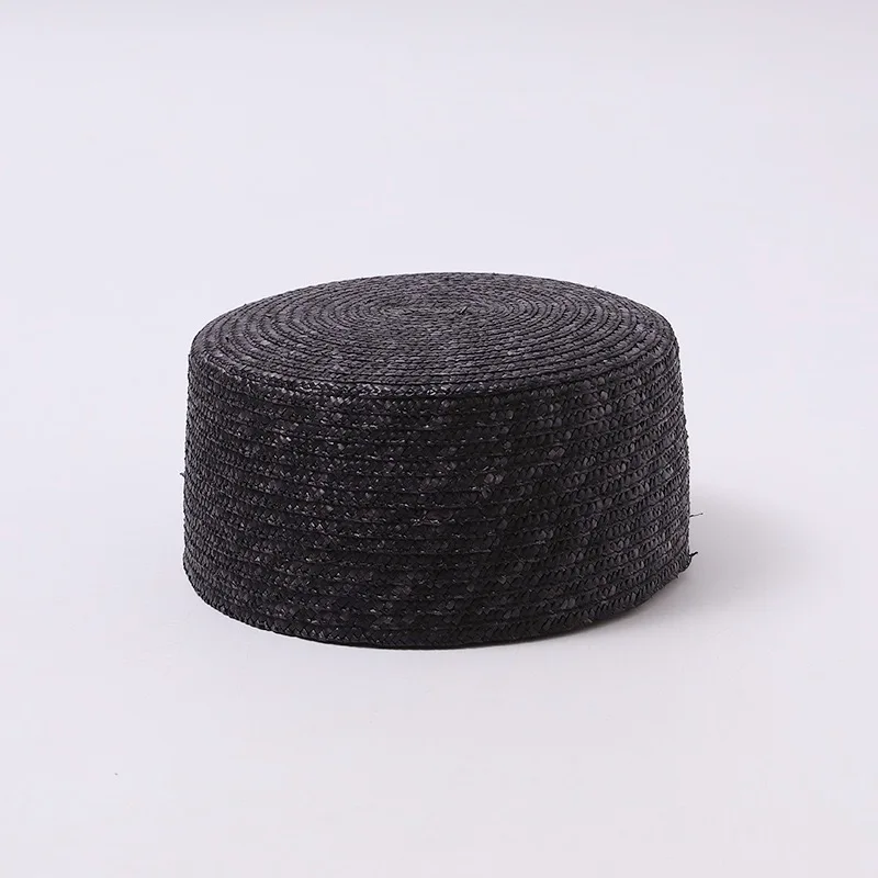 Fashion Flat Top Brimless 100% Black Straw Beret For Women's Summer Medicine Box Hat Designer Style
