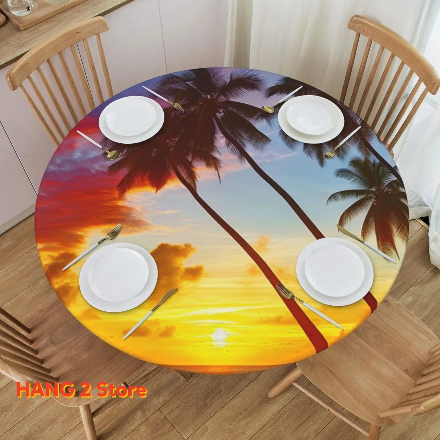 

Beach Sunset Tree Palm Seaside Fitted Round Tablecloth Waterproof Table Cloth with Elastic Edge Wipe Clean Table Cover fo