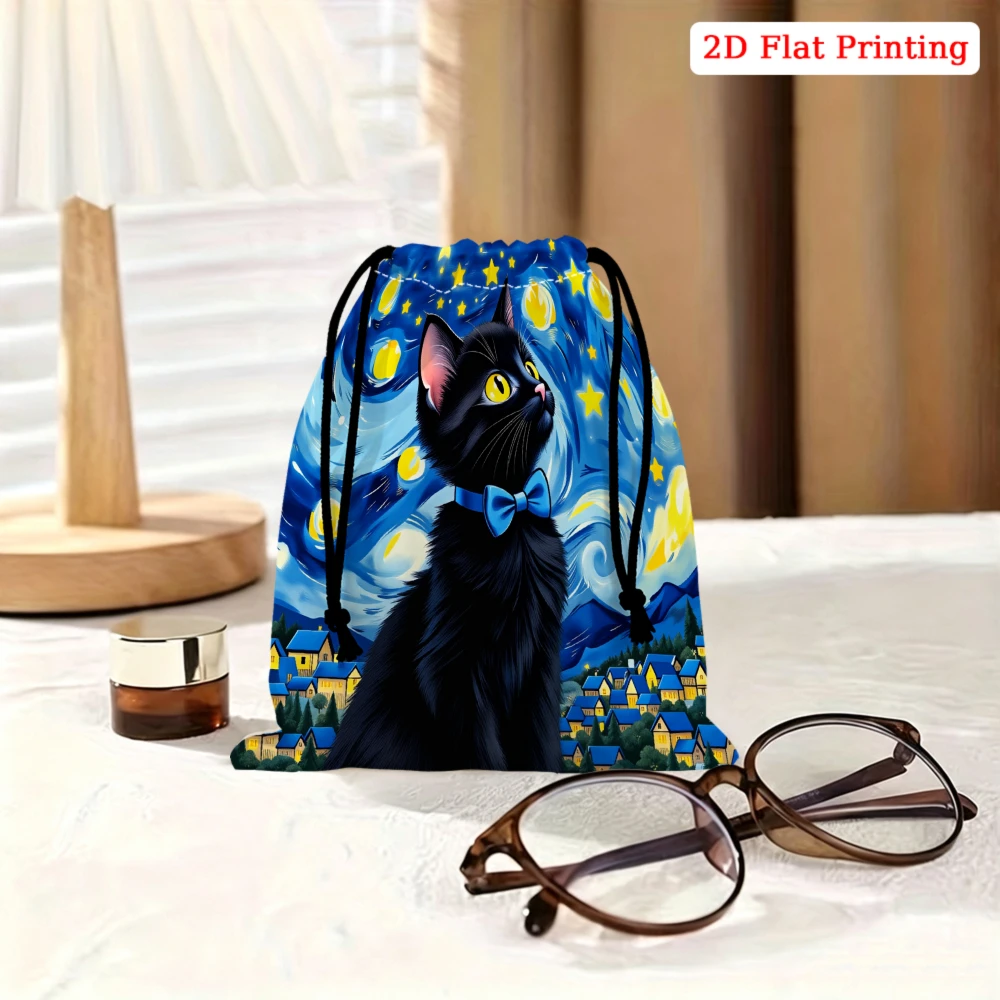 1Pc Starry Night Black Cat Drawstring Bag Blue Yellow Print Storage Small Pouch For Glasses Cosmetics Travel Organizer Portable