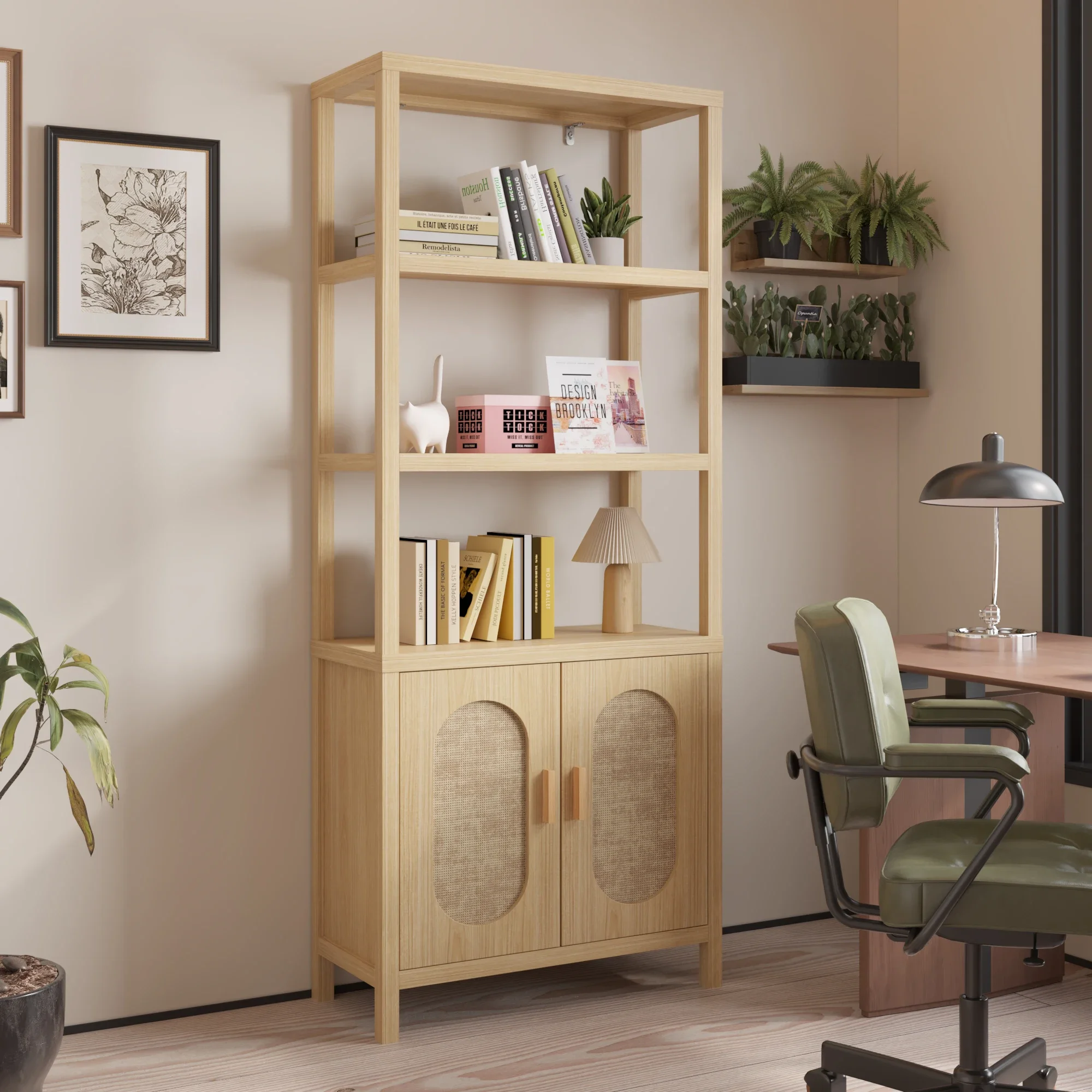 

4-layer with double doors Triamcinol board rattan surface 78*35.5*180cm display cabinet original wood color