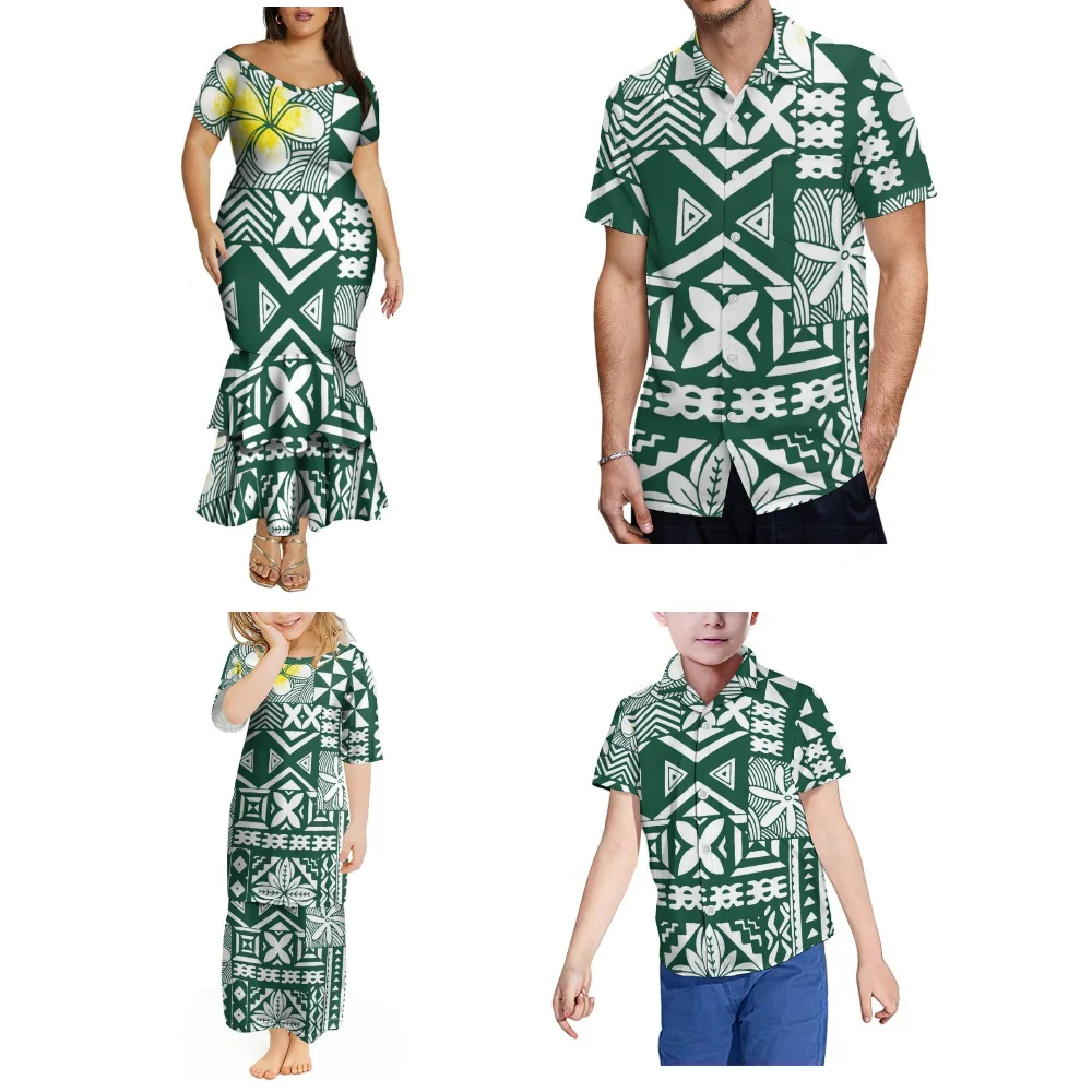 Stylish Family Dress With A V-Neck Off-The-Shoulder Double-Layered Fishtail Skirt And A Custom-Made Hawaiian Boy Shirt