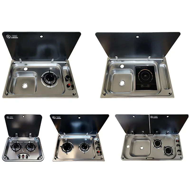 RV Gas Stove, Two-Burner Stainless Steel Combination Sink with 2 Glass Lids, Induction Cooktop with Sink