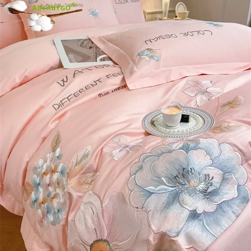 Bedding Set Luxury Soft Egyptian Cotton Superior Flower Embroidery Duvet Cover Flat Fitted Bed Sheets and Pillowcases King Queen