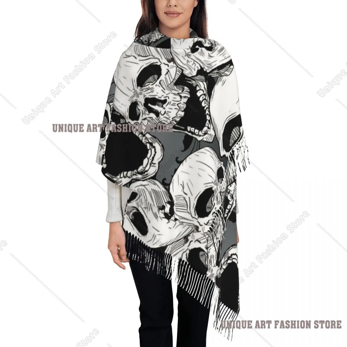 Womens Tassel Scarf Death Skull Gothic Large Soft Warm Shawl Wrap Halloween Cartoon Gifts Pashmina Scarves