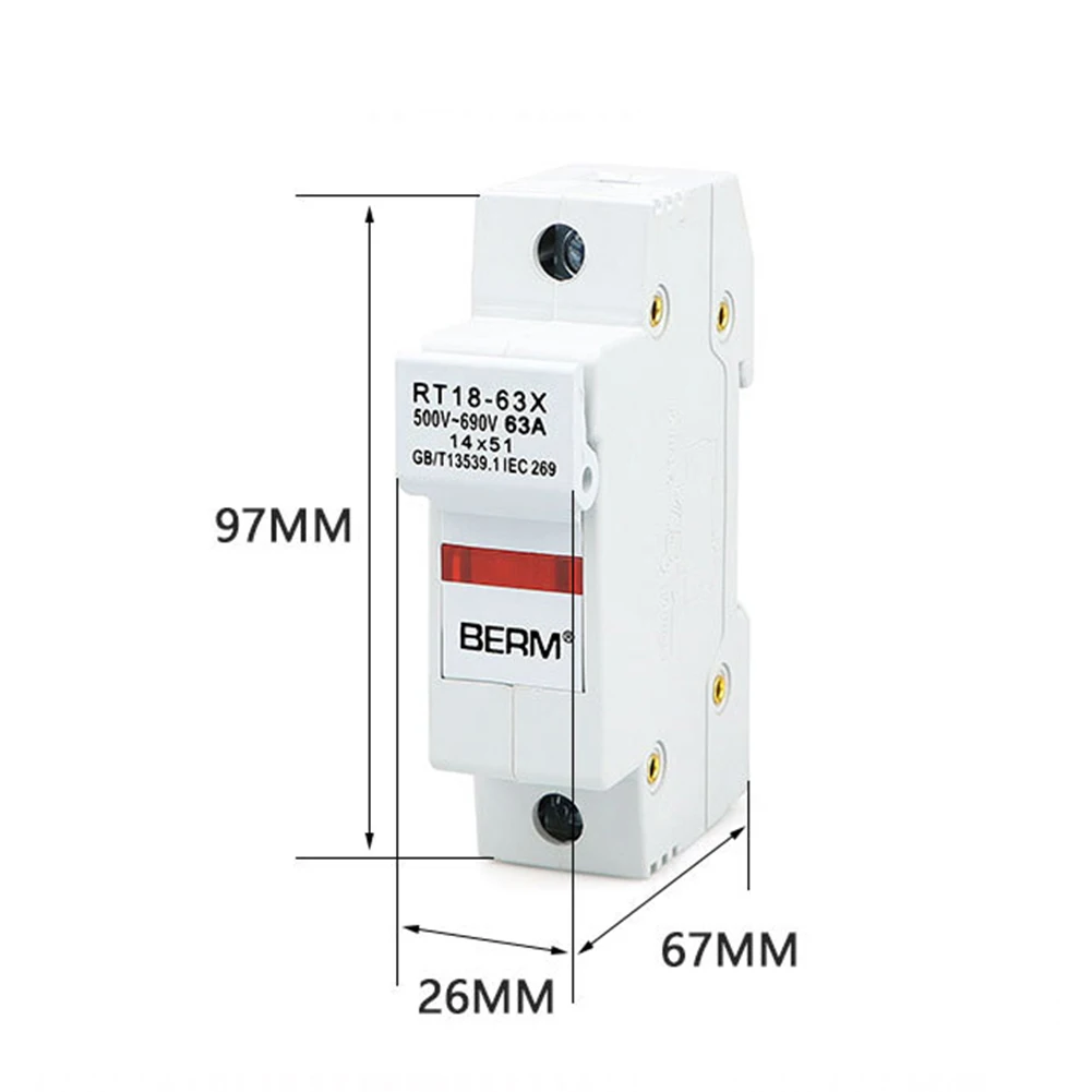 RT18 63X 1P Fuse Holder Base with LED Indicator Light for 63A Rated Current and 14x51mm Fuse DIN Rail Mount for Electrical Use