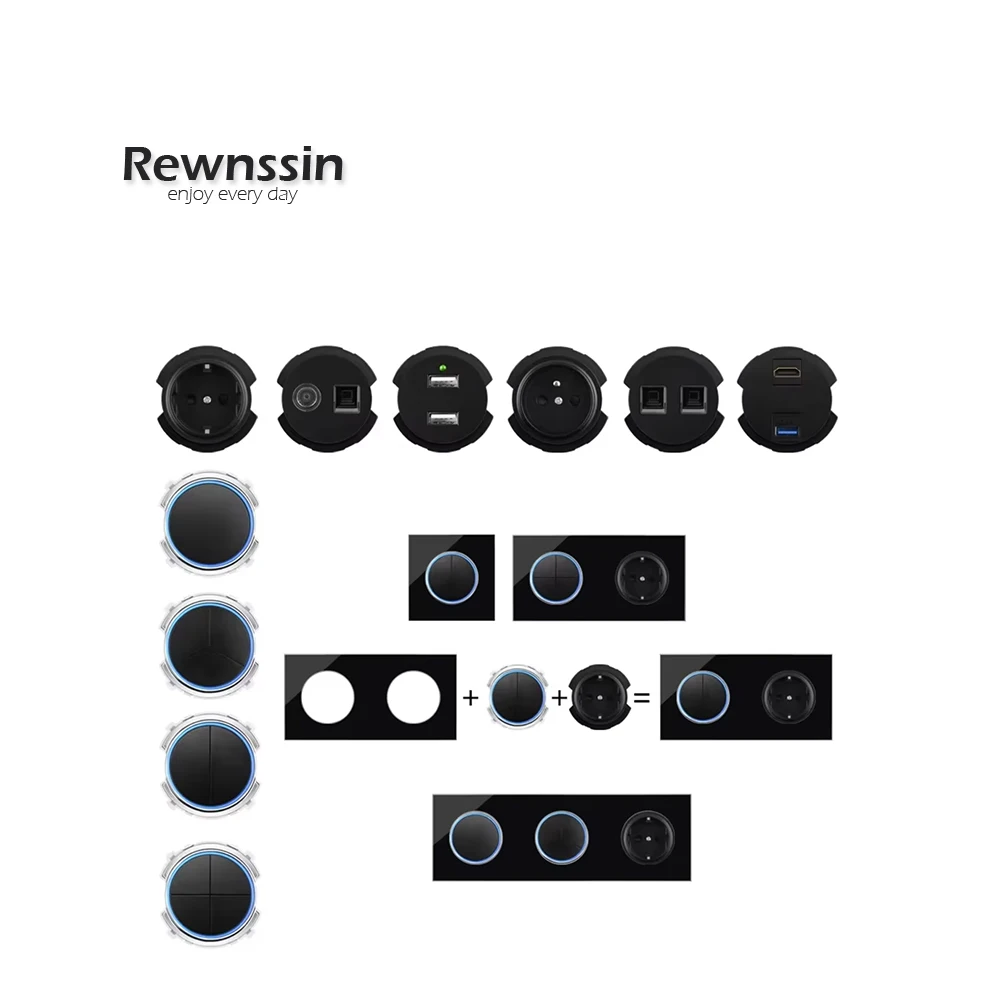 L1 Series - Black Glass Panel Power Socket Wall Light Switch With LED Indicator Light DIY Free Combination HDMI RJ45 Module