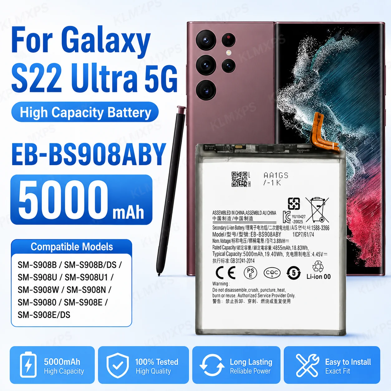 High Capacity 5000mAh EB-BS908ABY Battery For Samsung Galaxy S22 Ultra S22 Ultra SM-S908 SM-S9080 image 5