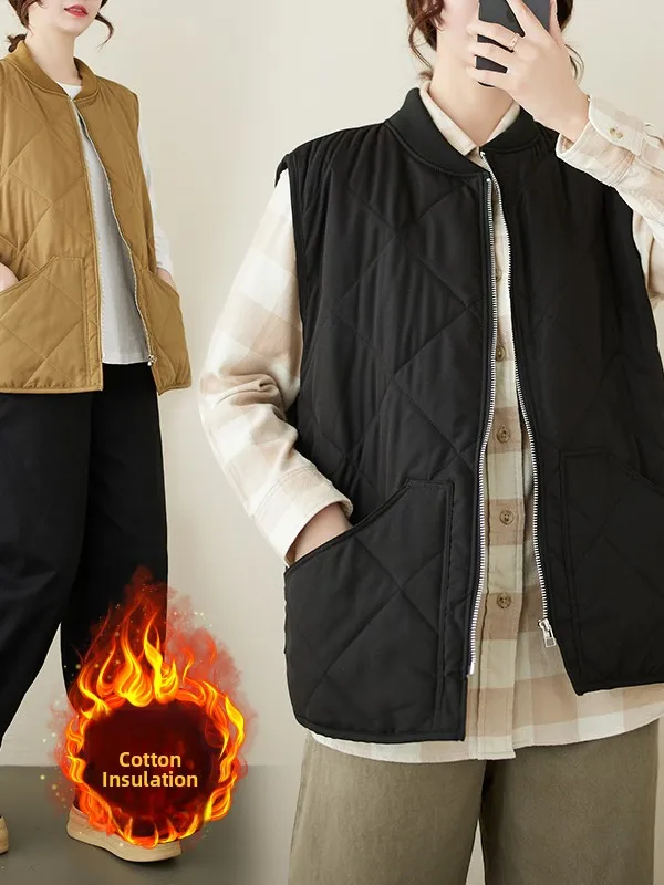 冬用多用途レトロカジュアルコットンベスト レディース 暖かいダイヤモンド柄キルティングジャケットコート ジッパー付きラウンドネックピュア...