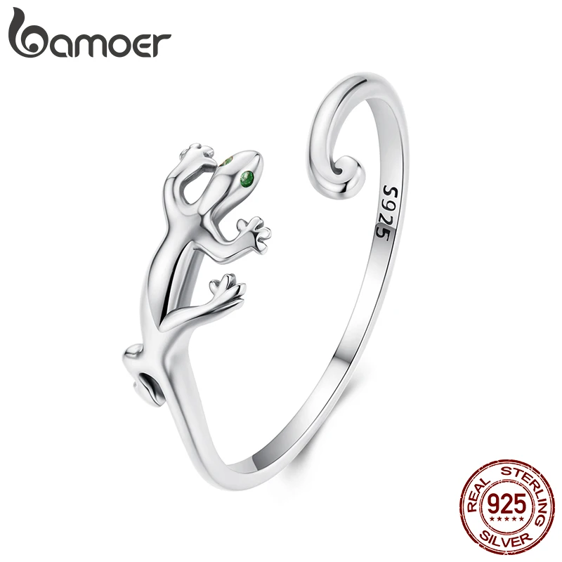 BAMOER 925 Sterling Silver Gecko Lizard Open Ring Lucky Animal Ring with Green Zircons for Lover Girl Simple Birthday Party Gift
