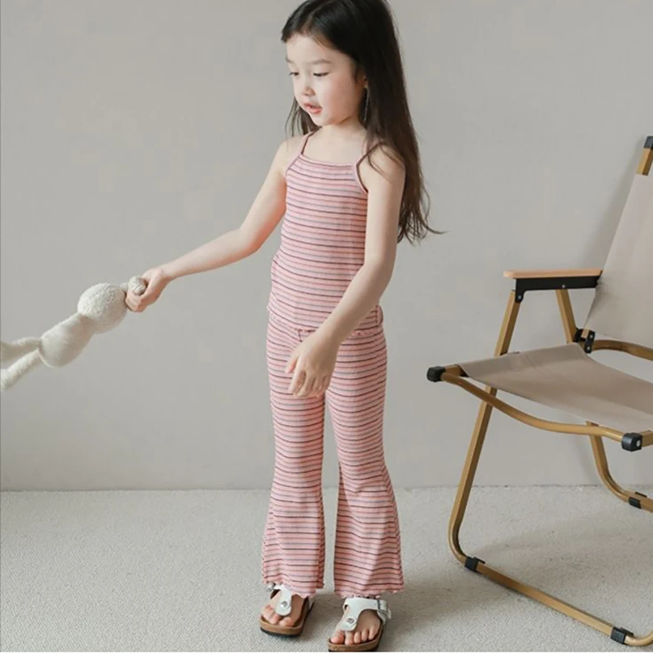 Children Summer Fashion Clothing Set Ice Silk Thin Children Striped Camisole Vest Flared Pants Two-piece Set Children Sets New