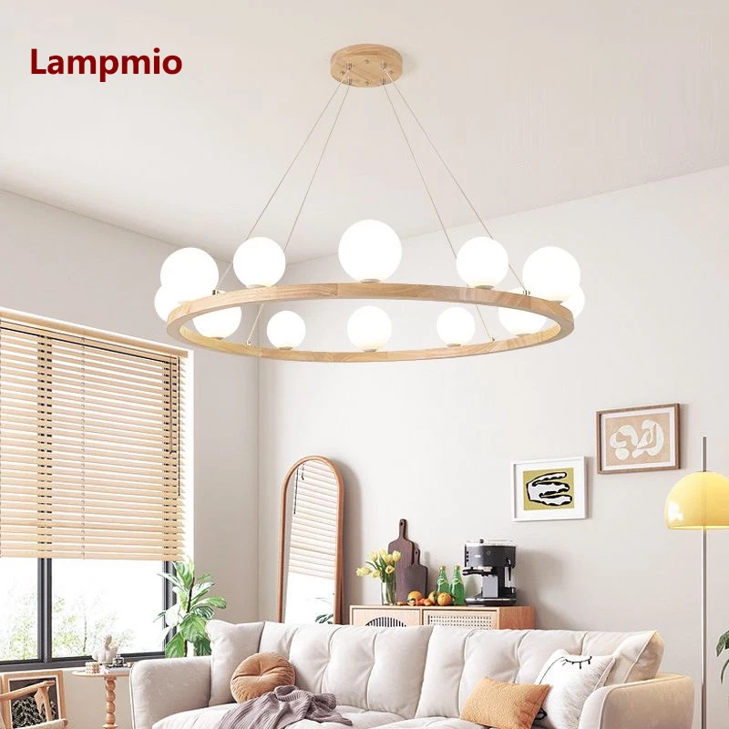 

BOTIMI Wooden Ring Chandelier For Living Room Round White Glass Lampshades Chandeliers Wire Suspension Bedroom Lighting