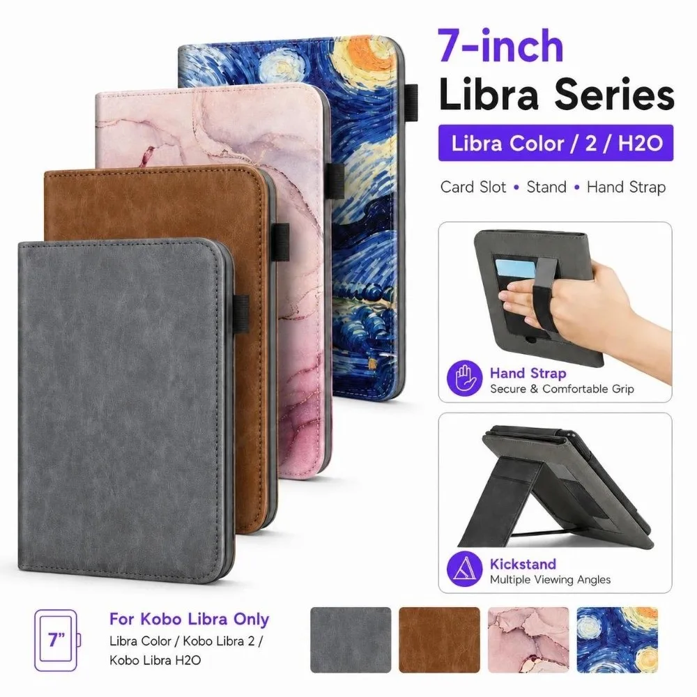 Stand Function E-Reader Case Hand Strap Auto Sleep/Wake Protective Cover Magnetic Closure Card Slot for Kobo Libra Color/2