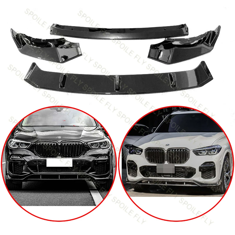 

High Quality ABS 4Pcs Car Front Lip Bumper Spoiler Body Kit Glossy Black Carbon Fiber Look For BMW X5 G05 M Sport 2019 To 2023