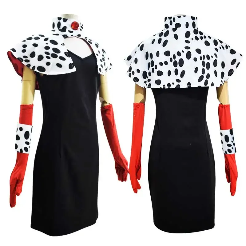 Costume da donna Cruella De Vil Villain Cruella Dress guanti Tippet Cosplay Party Cosplay Costume di Halloween