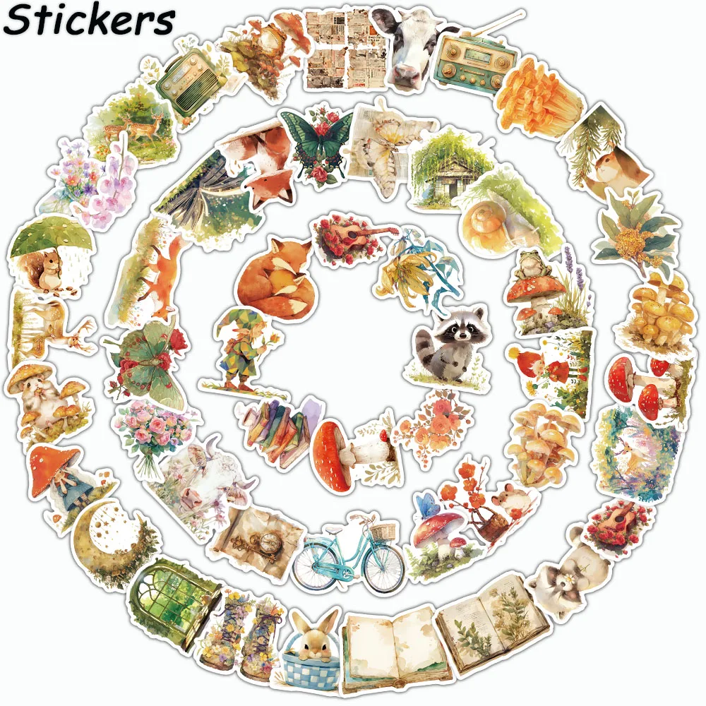 50PCS Fairy Tale Animals Stickers Cartoon Vintage Mushroom Decals For Laptop Skateboard Scrapbook Motorcycle Kids Gift Stickers