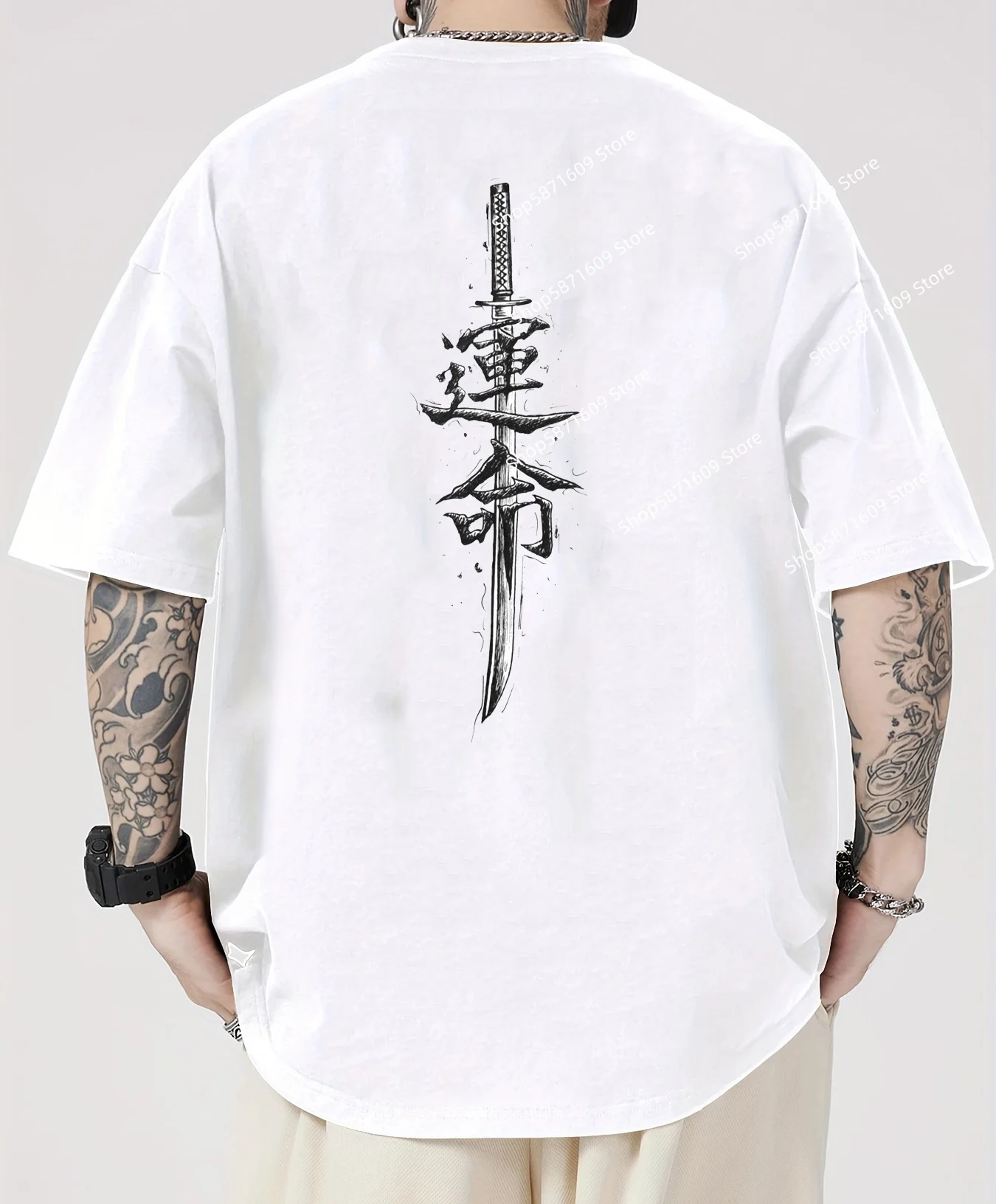 Men's short sleeved samurai knife pattern T-shirt, home improvement pattern casual short sleeved top