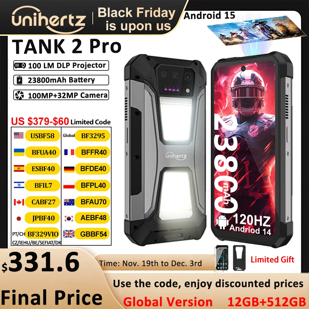 Unihertz Tank 2 Pro 8849 robustes Telefon mit Projektor 100 MP 24 GB 256 GB Android 14 100 MP NFC 120 W Helio G99 23800 mAh