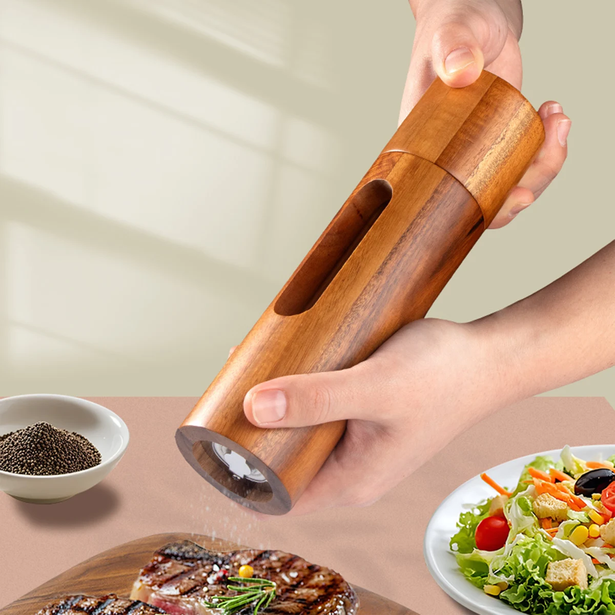 

Acacia Wood Pepper Grinder with Ceramic Core, Transparent Acrylic Salt Spice Mill for Kitchen Pepper Sea Salt Black Pepper