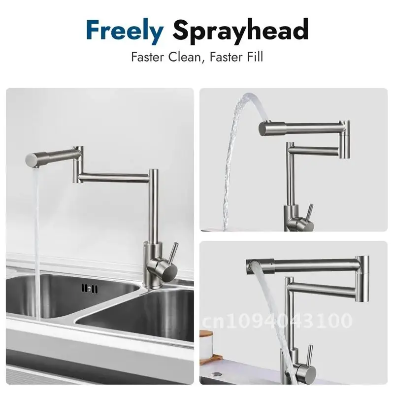 Kitchen Faucet Swing Swivel Stainless Steel Pot Filler Faucet Mixer Stretch Cold 720Degree Arm Hot Retractable Spout Tap Folding