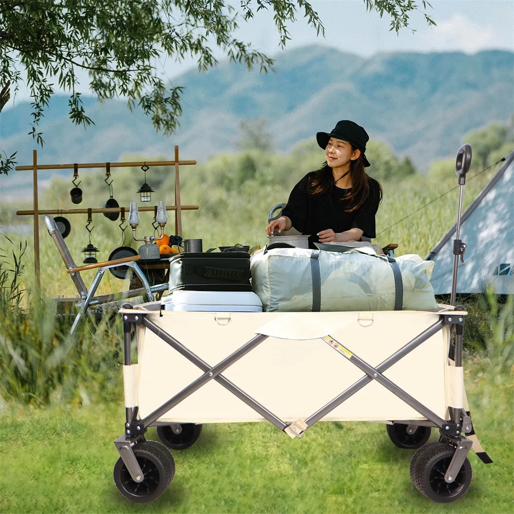 Folding Wagon, Heavy Duty Utility Beach Wagon Cart for Sand with Wheels, Adjustable Handle&Drink Holders Camper Garden Vehicle