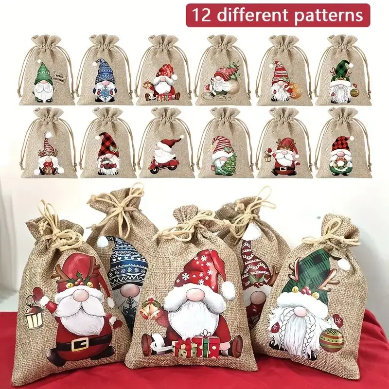 VIKAMA 12 Stück Weihnachts-Leinen-Beutel mit Kordelzug, Süßigkeitenbeutel, Festival-Geschenkset, kleine Aufbewahrungsbeutel, Urlaub, Party, Geschenktüten