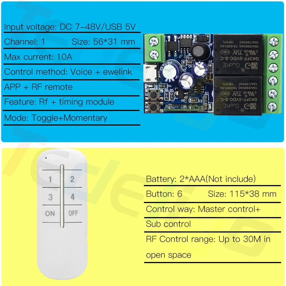 Tedeligo 2.4GHz Ewelink WiFi Smart Switch 12V 24V 48V Garage Motor Gate Light Remote Controller,Timing Receiver Module withAlexa